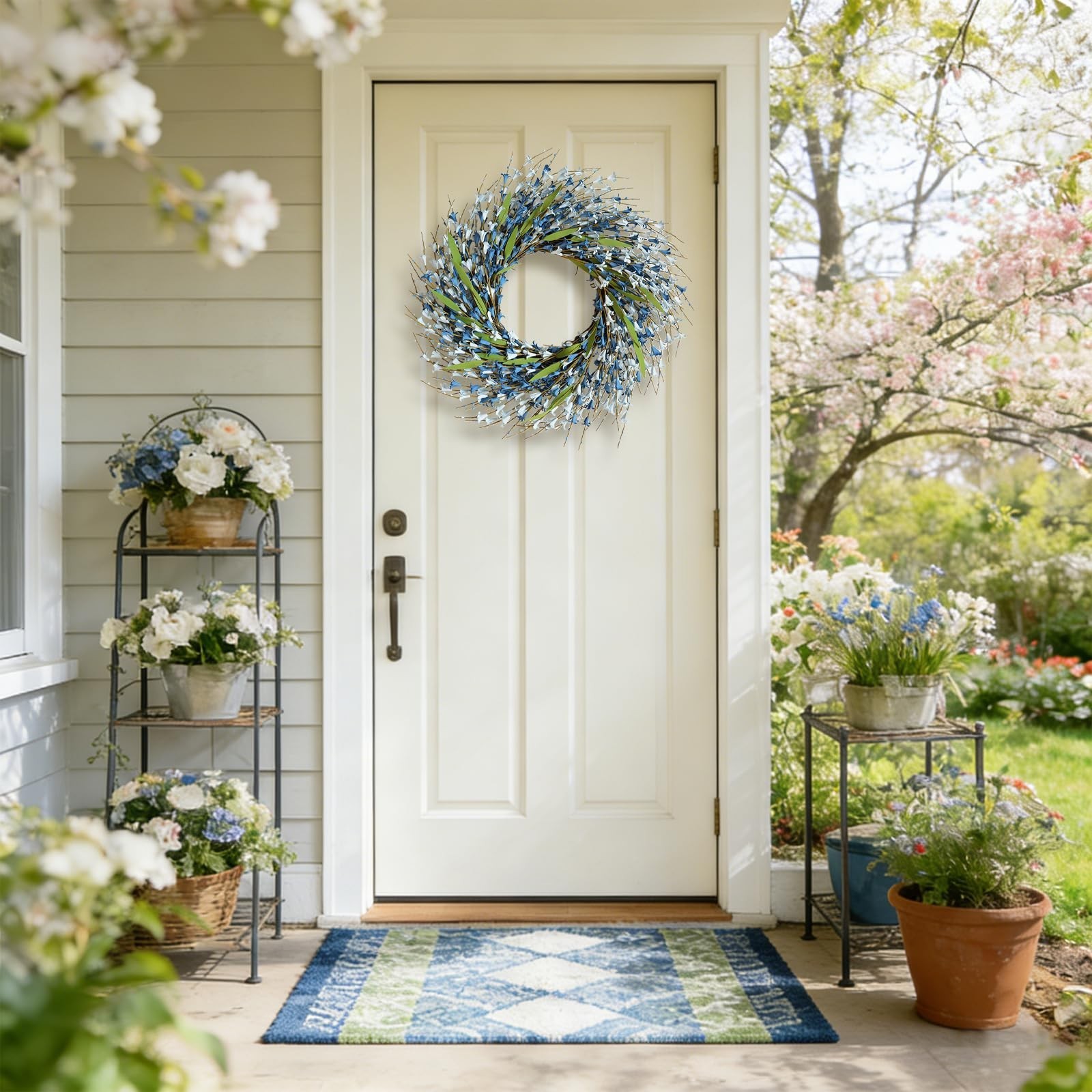 Idyllic 22 Inch Artificial Blue Forsythia Floral Wreath for Front Door, Windo…