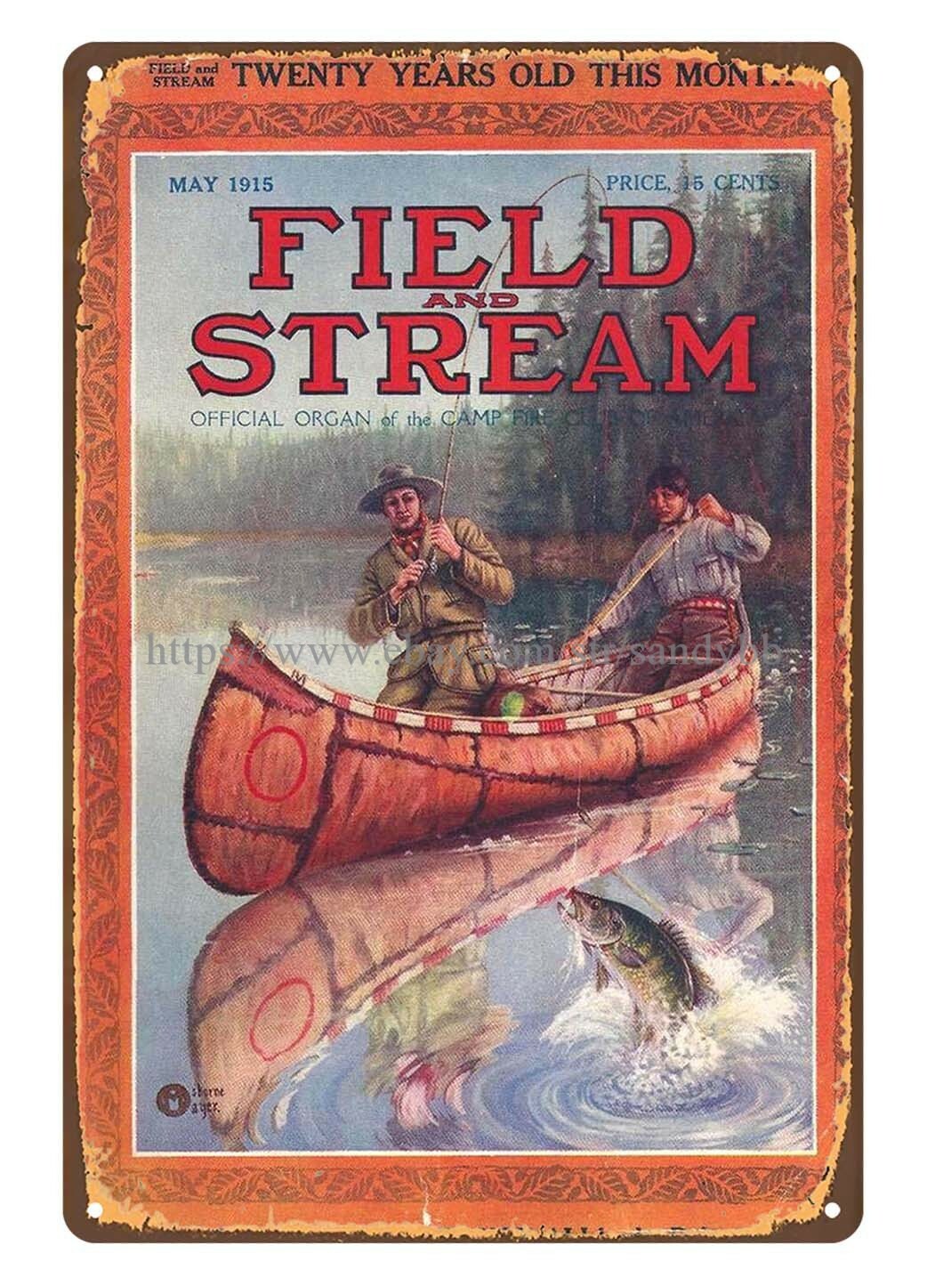 1915 outdoor enthusiasts fishing boat metal tin sign lodge cafe