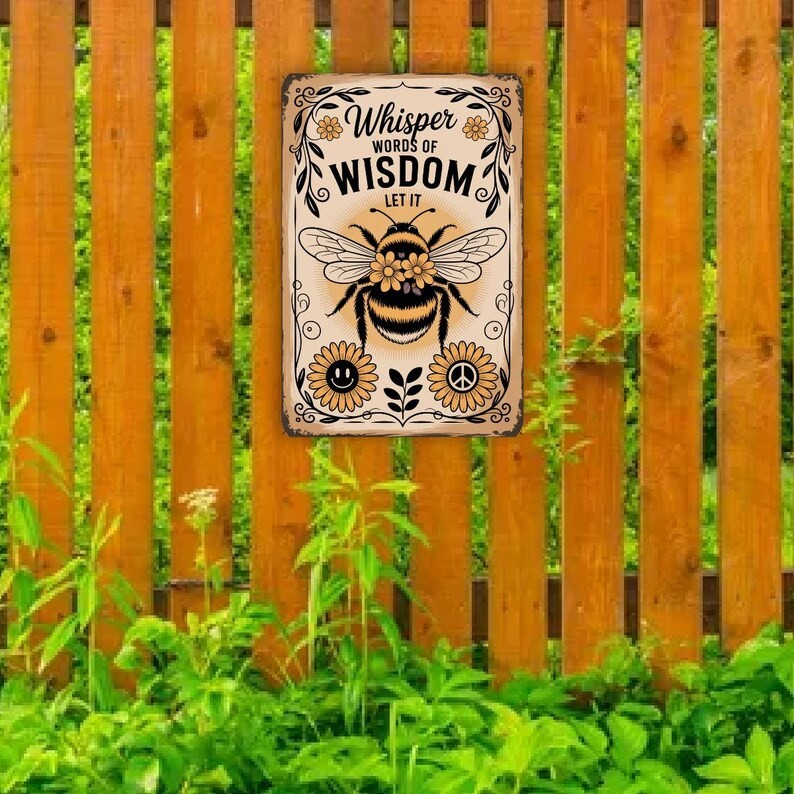 Whisper Words Of Wisdom Tin Metal Signs– Vintage Bumblebee Wall Art With Sunflow