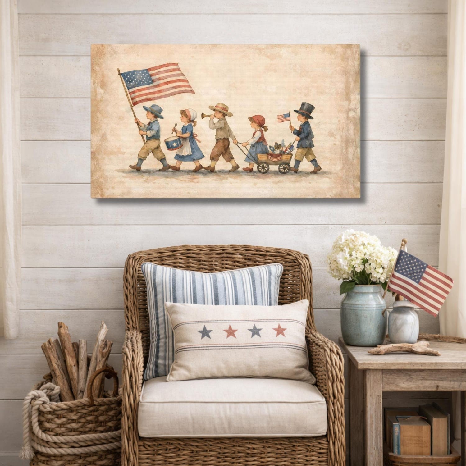 Vintage 4th of July Parade Canvas Art, Americana Kids Patriotic Wall Decor Print