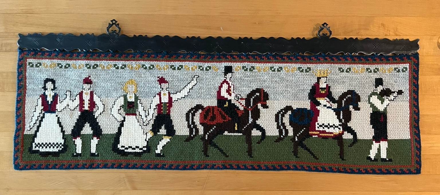 Norwegian Hand Embroidered Tvistsom Folk Art Tapestry 36in With Iron Hanger