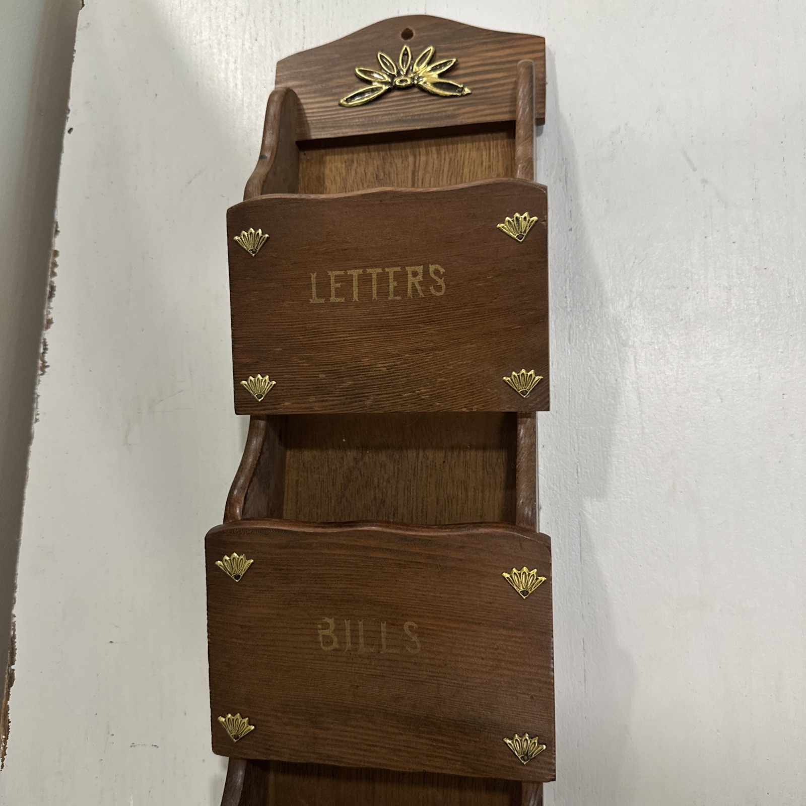 Vintage Wood 3 Tier Wall Mail Letter Organizer Wood Gold & Warm Tones