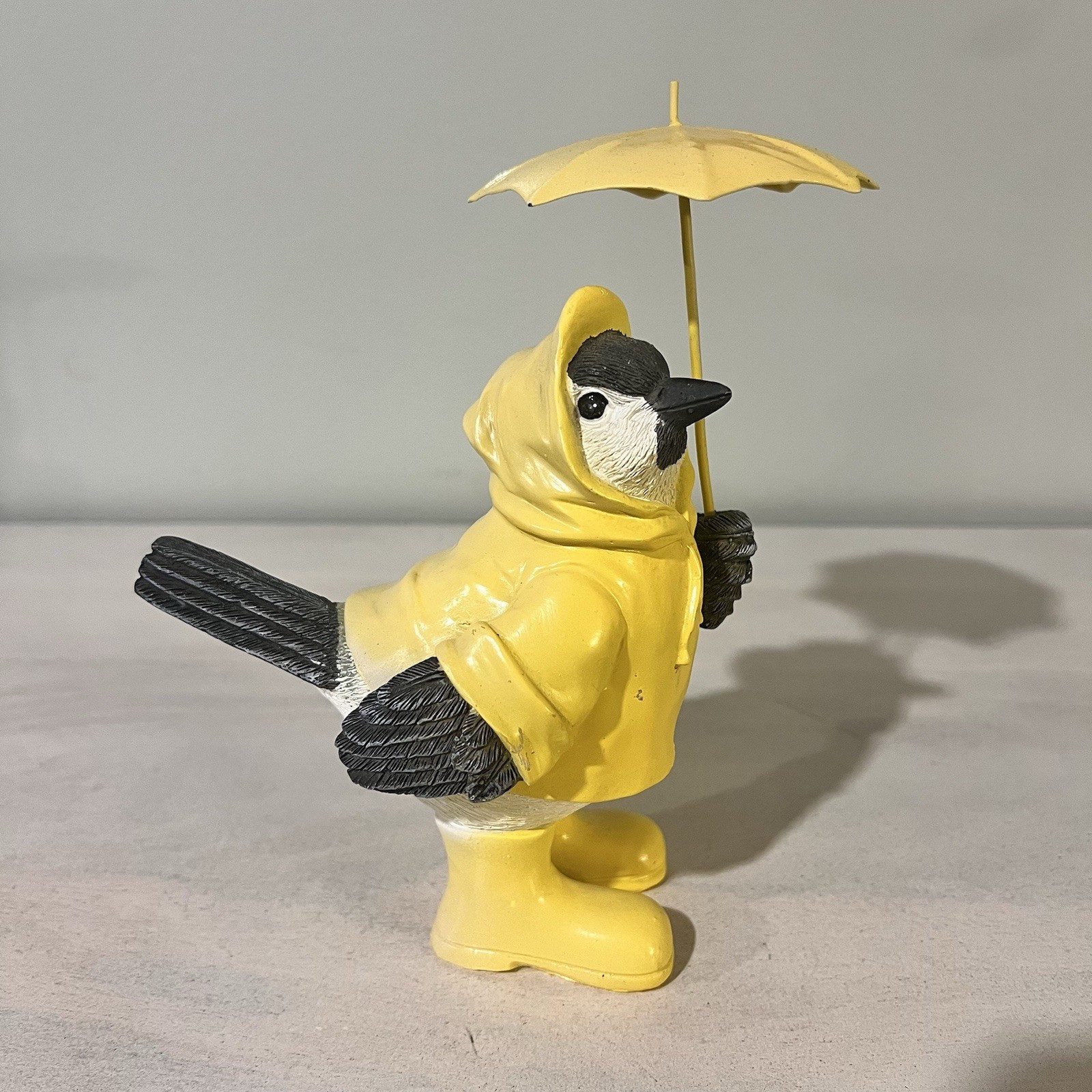 Cute Decor Bird Figurine In Raincoat And Umbrella Plastic Contemporary 7.75″