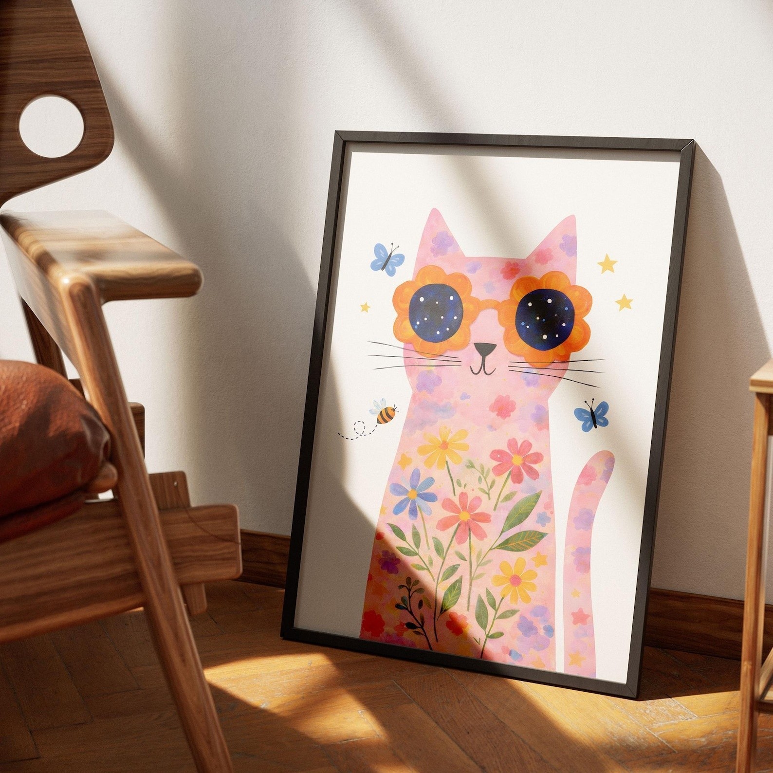 Floral Cat with Glasses Print | Kids Room Wall Art