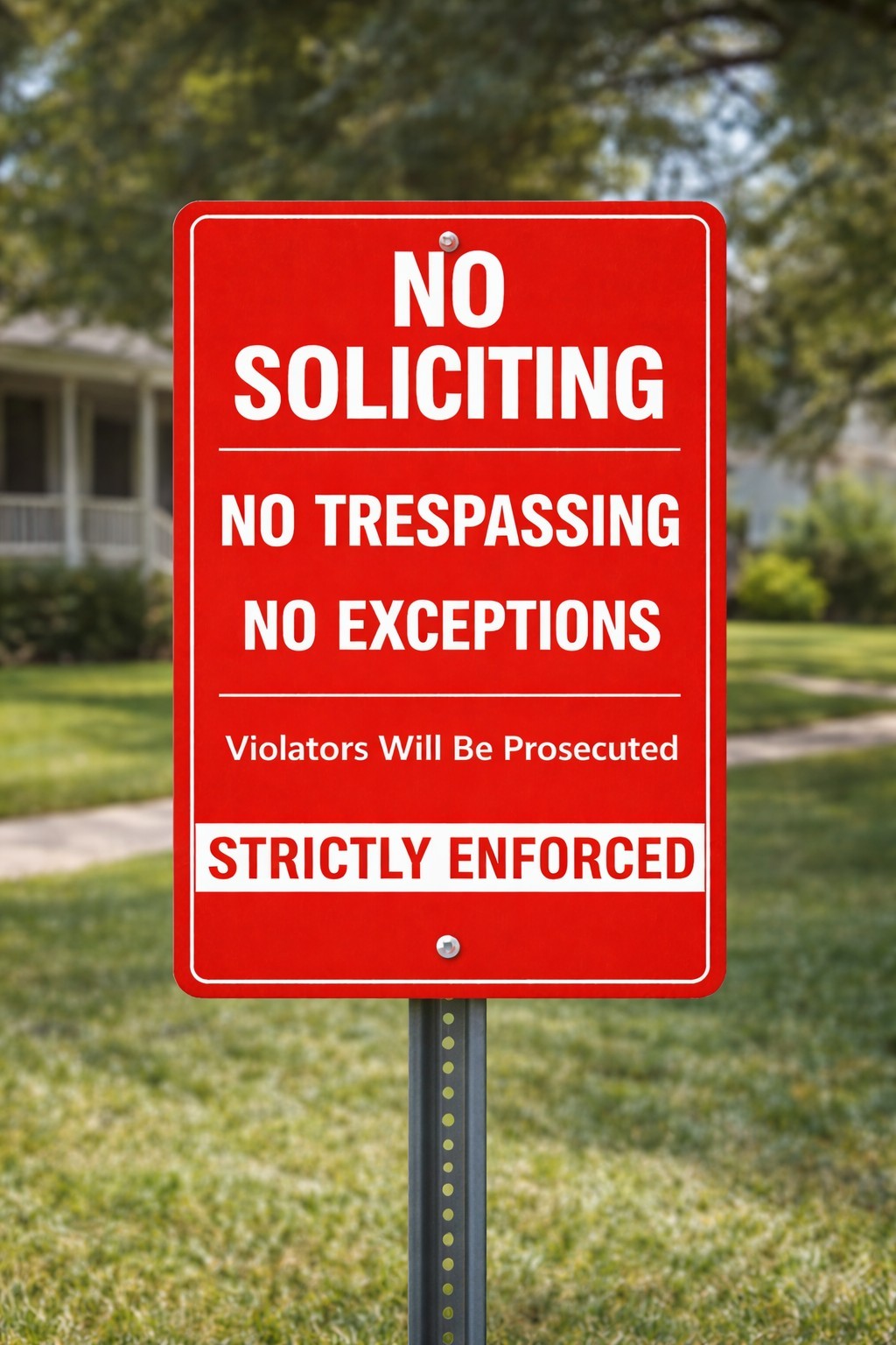 No Soliciting No Trespassing Sign 8×12 Aluminum Metal | No Exceptions | Violator