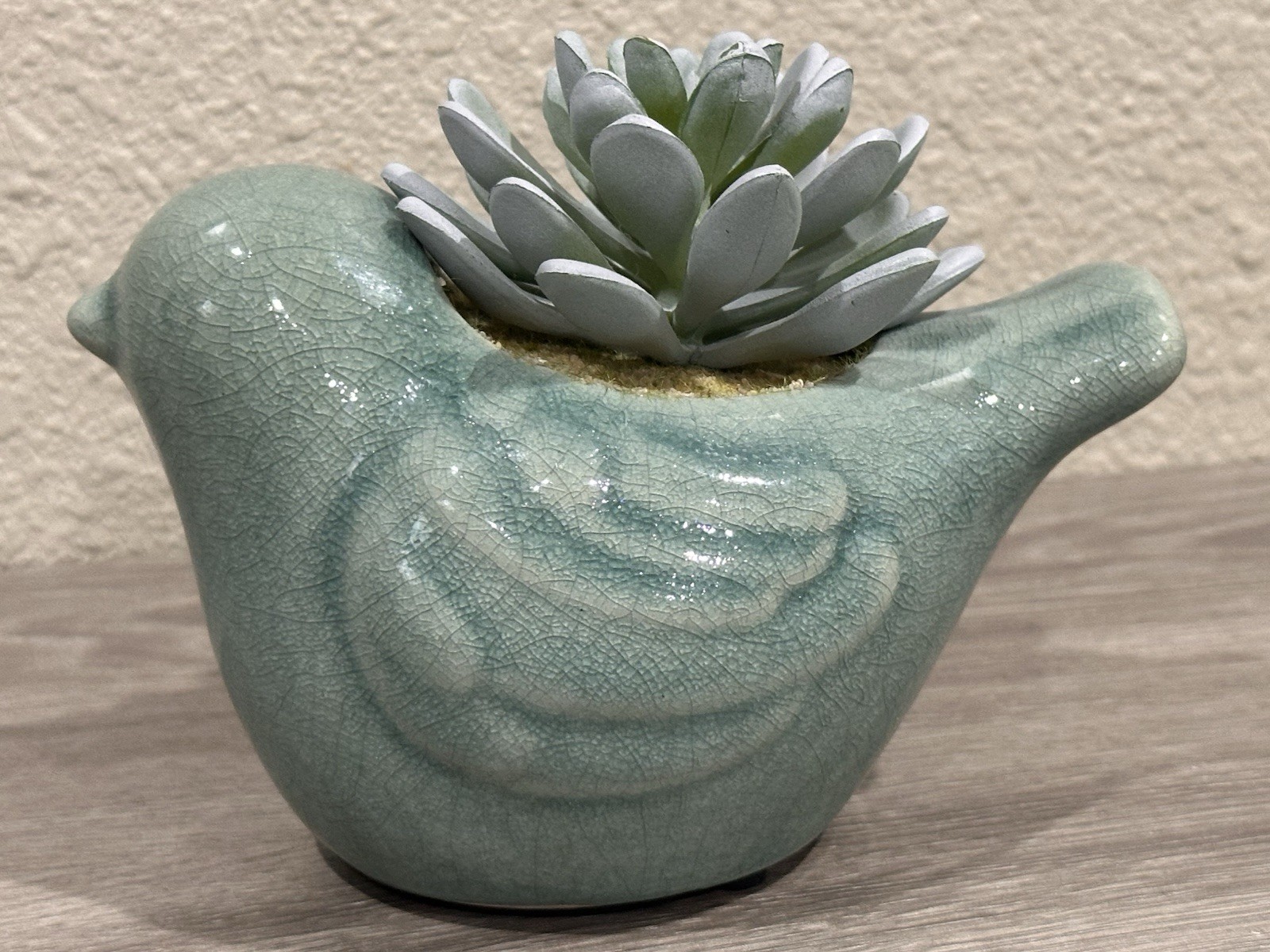 Ceramic Bird Figurine Succulent Planter With Faux Plant & Crackle Glaze Finish