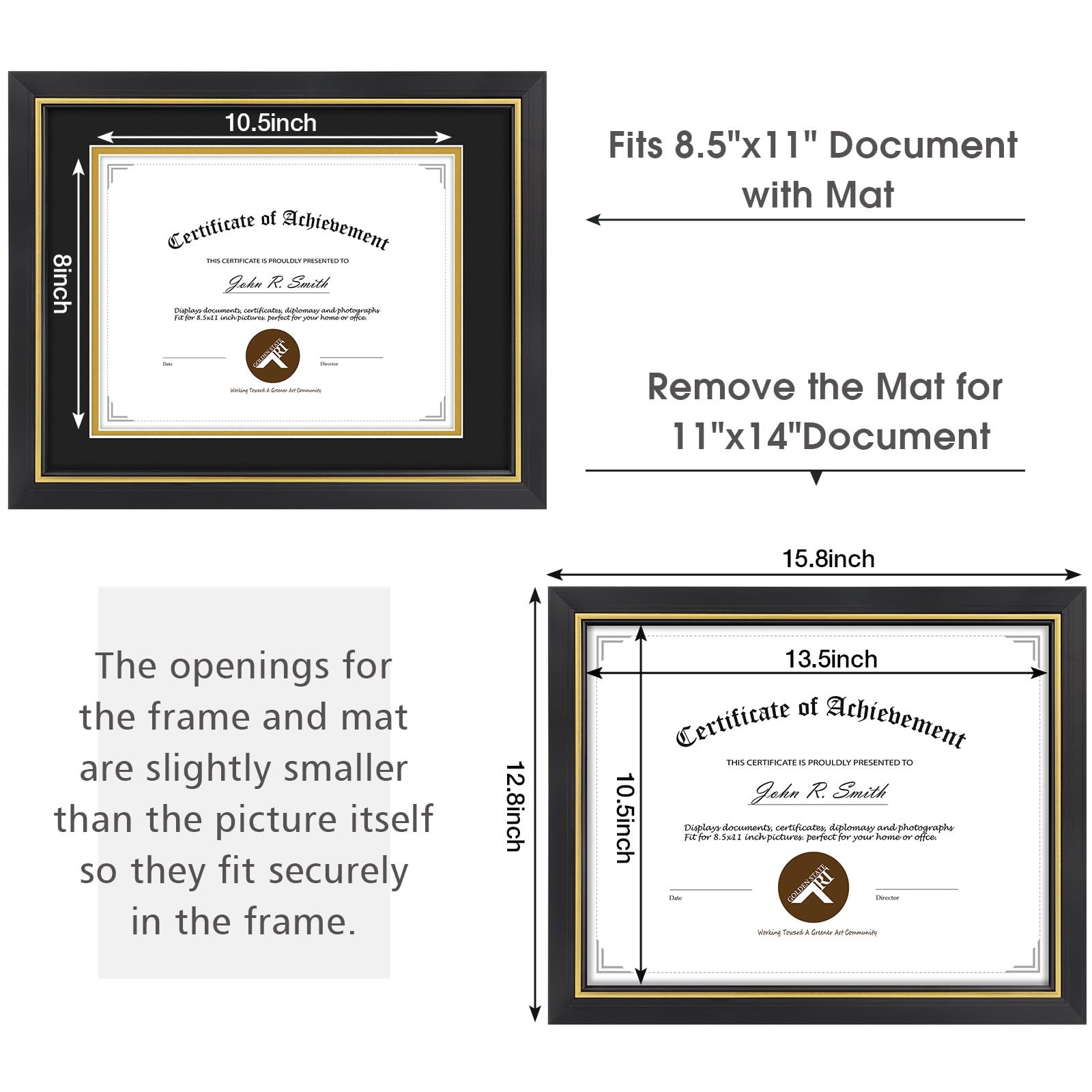 Elegant 11×14 Diploma Frame with Gold Trim for 8.5×11 Certificate Display
