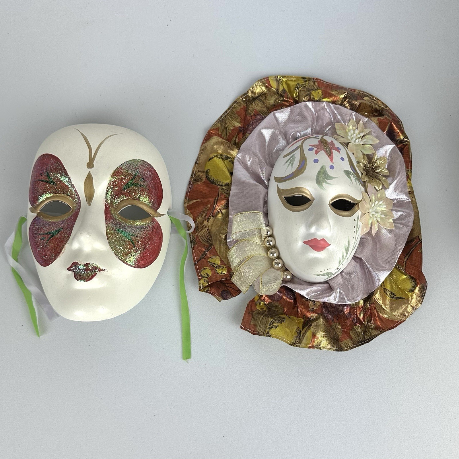 Set Of TWO Mardi Gras Head Jester Face Mask Wall Hanging Decor 8” Vintage