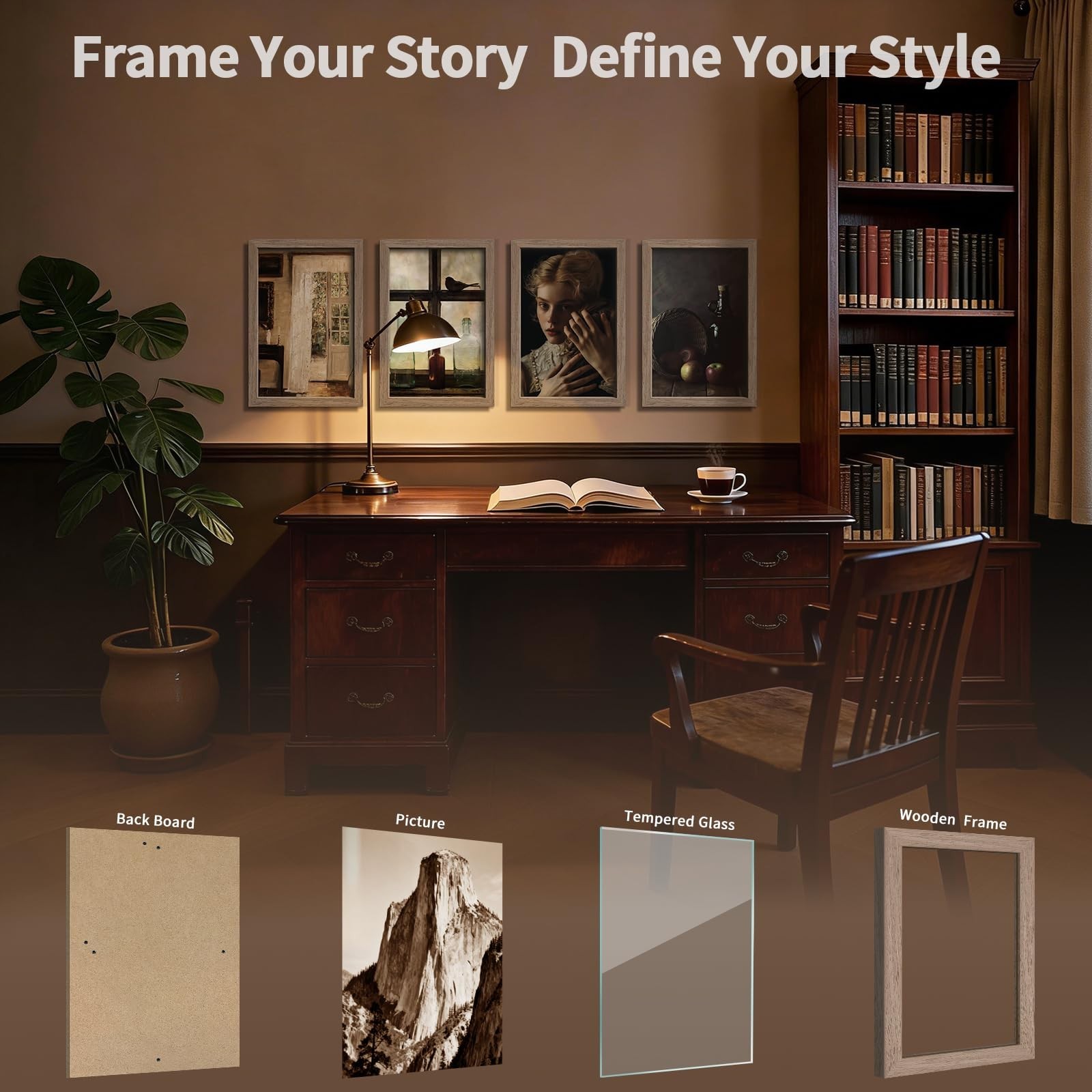 11×17 Picture Frame Set of 4, Walnut Wood, Tempered Glass, Vertical/Horizontal D