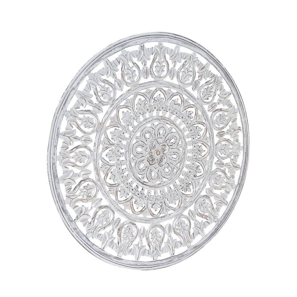36 In. X 36 In. Wood White Handmade Intricately Carved Floral Wall Decor with Ma