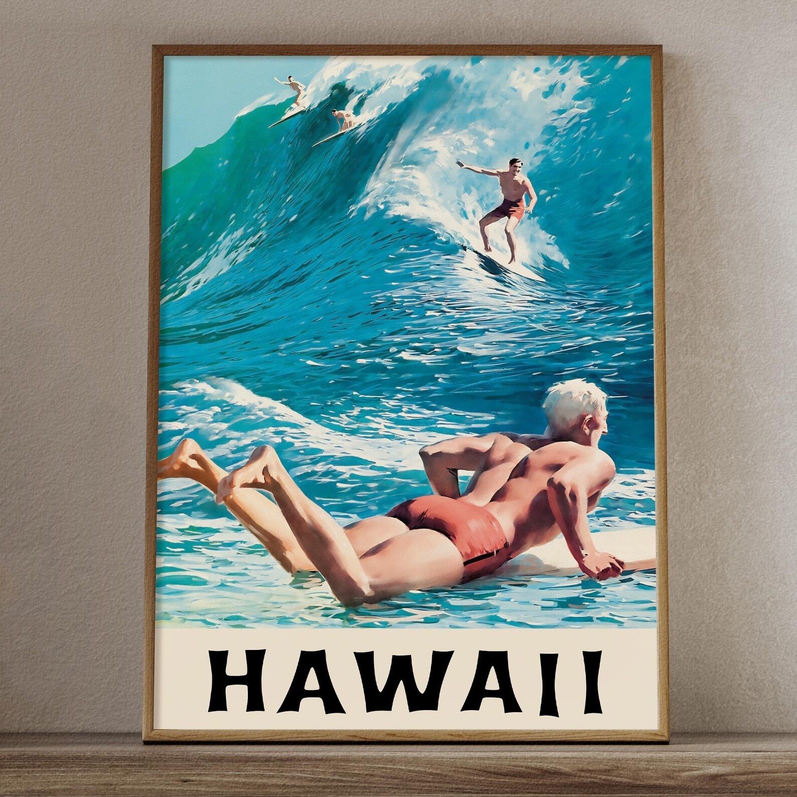 Vintage Hawaii Surf Poster Retro Beach Wave Travel Wall Art Tropical Island
