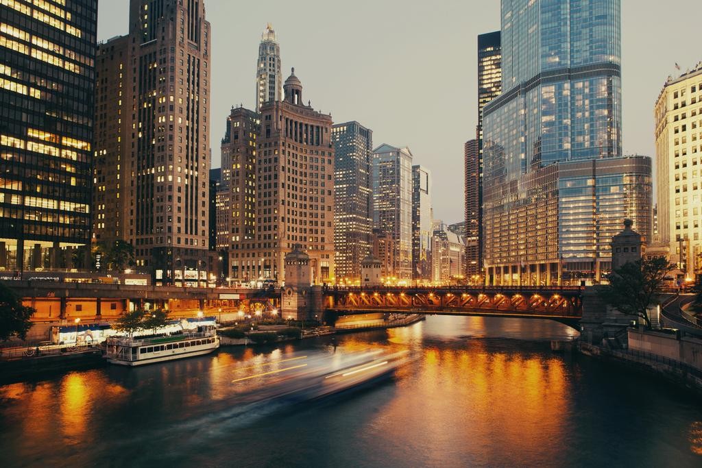 Chicago Illinois Downtown DuSable Bridge Twilight Sunset Landscape Photo Cool Wa