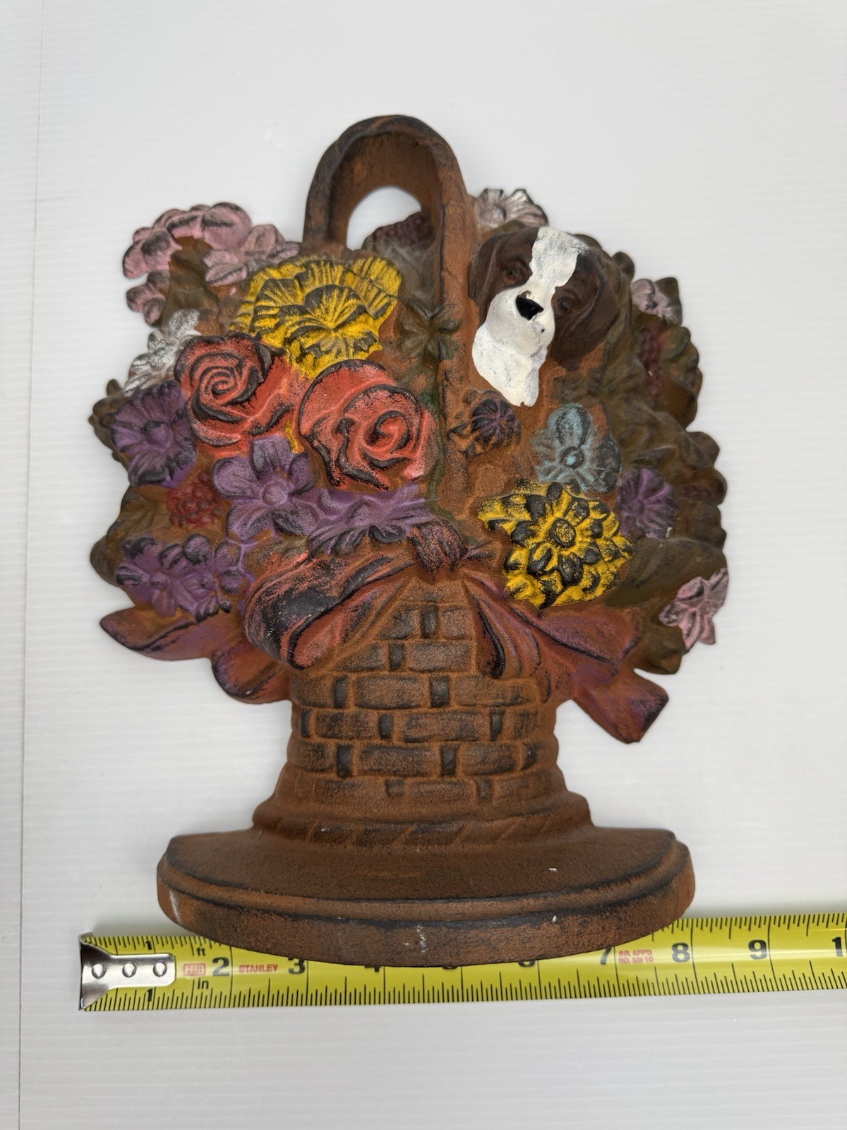 Antique Upper Deck Cast Iron Doorstop 11″ Basket Flowers Puppy Dog Floral VTG