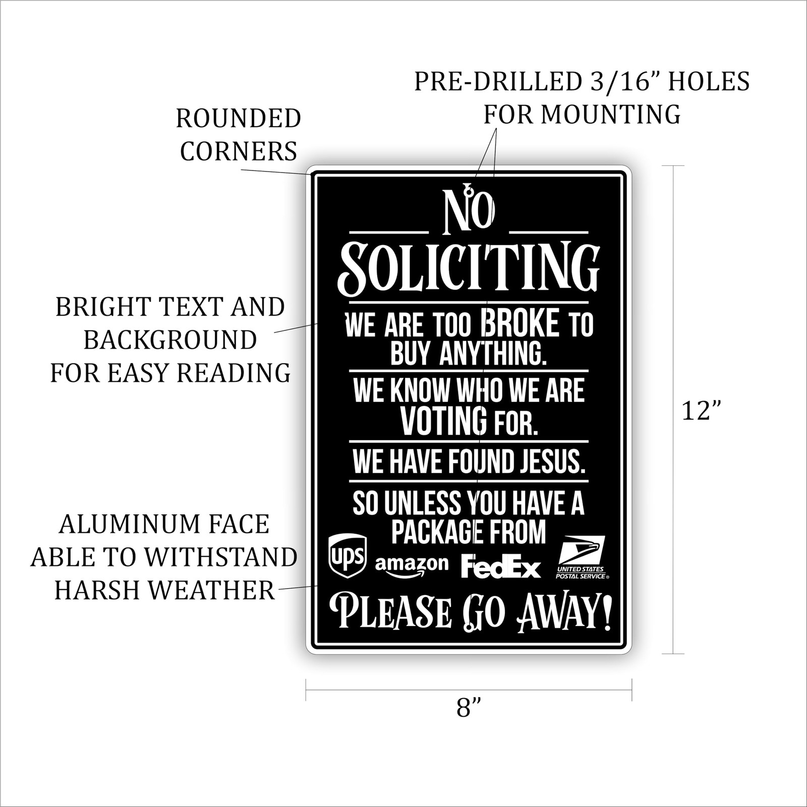8×12 Funny No Soliciting Sign Aluminum White Indoor Outdoor