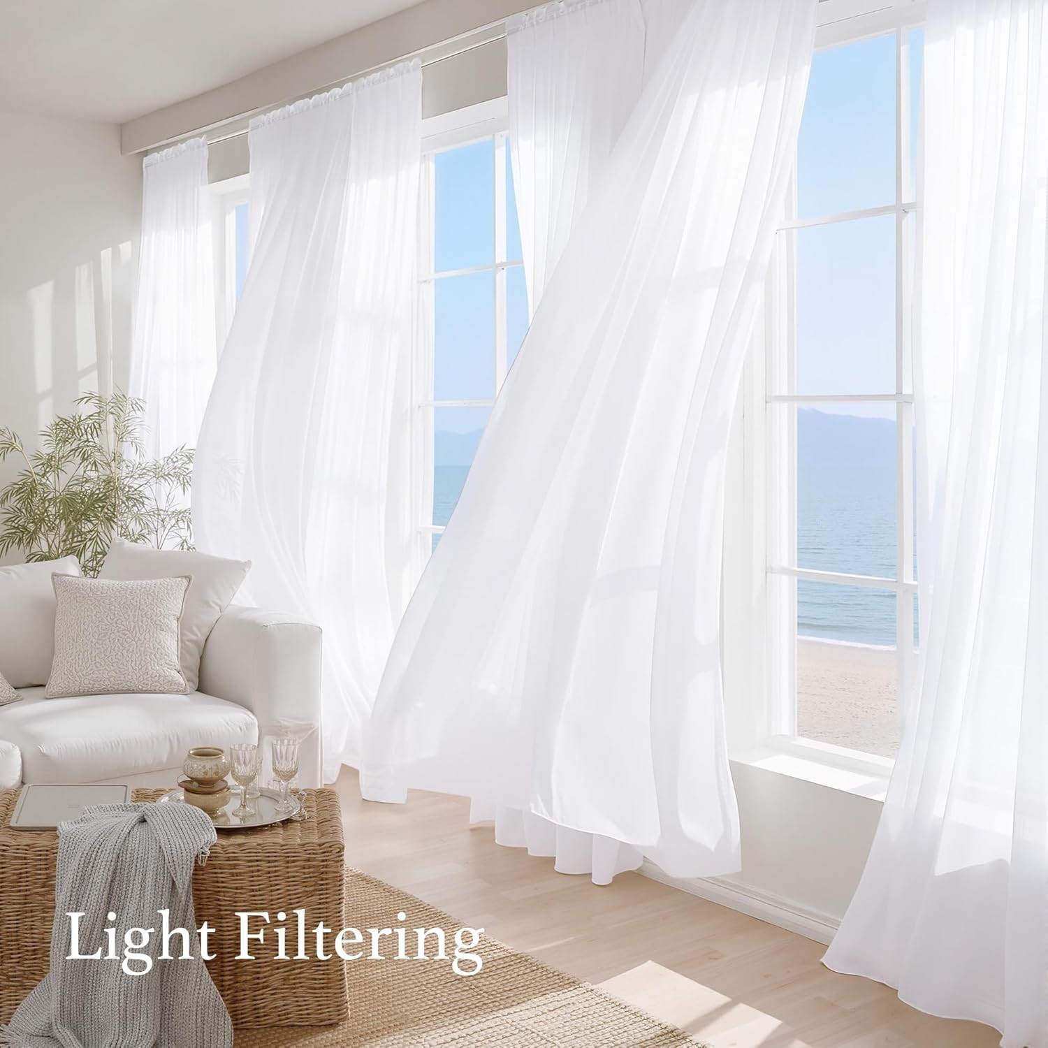 White Sheer Curtains 108 inches Long 4 Panels, 42 inch Wide Rod Pocket Light