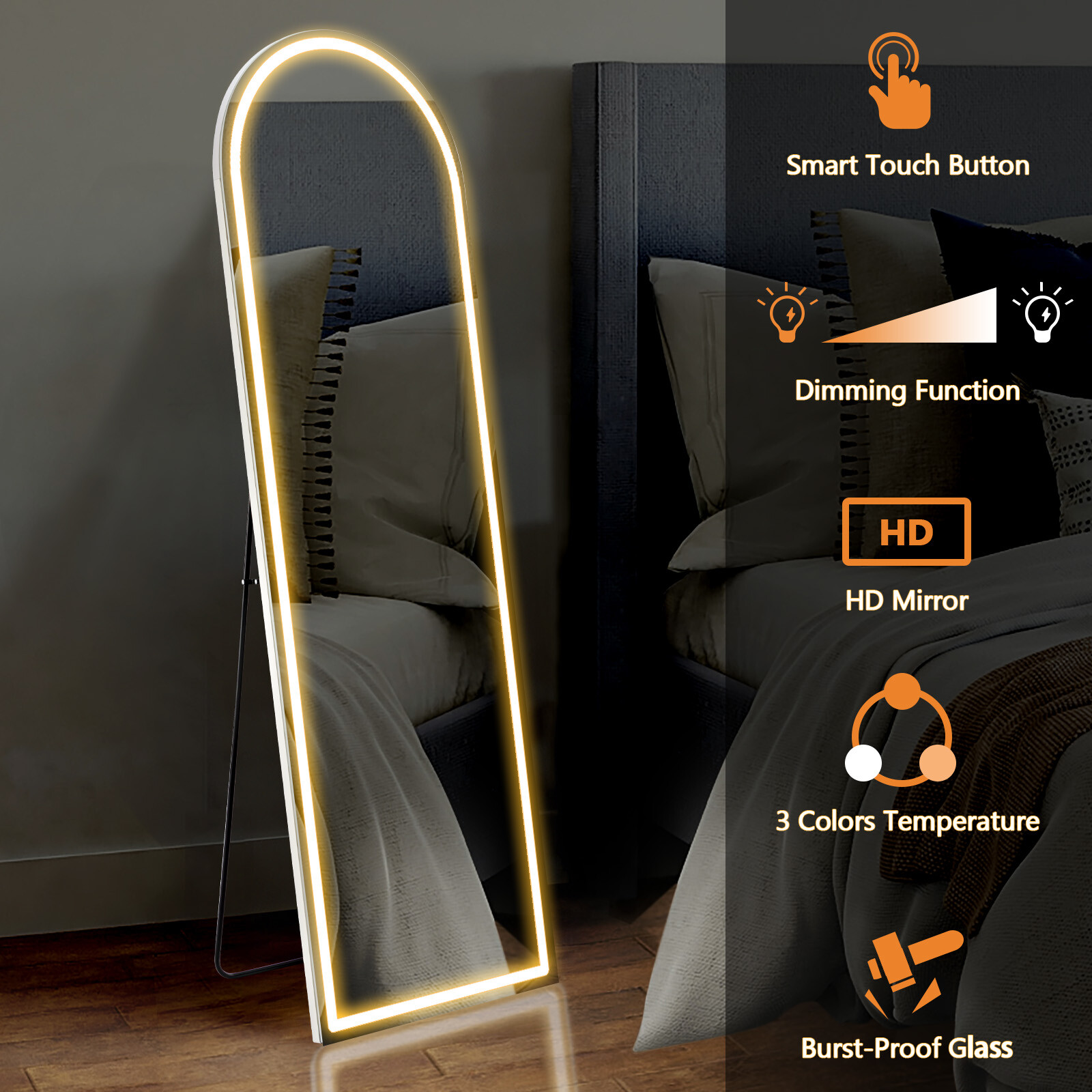 Arched LED vertical mirror, available cold light, warm light, and natural light