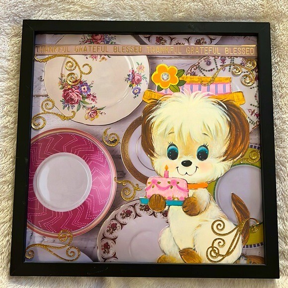 Vintage Retro Puppy Dog Birthday Cake Party Picture Handmade Collage Wall Art
