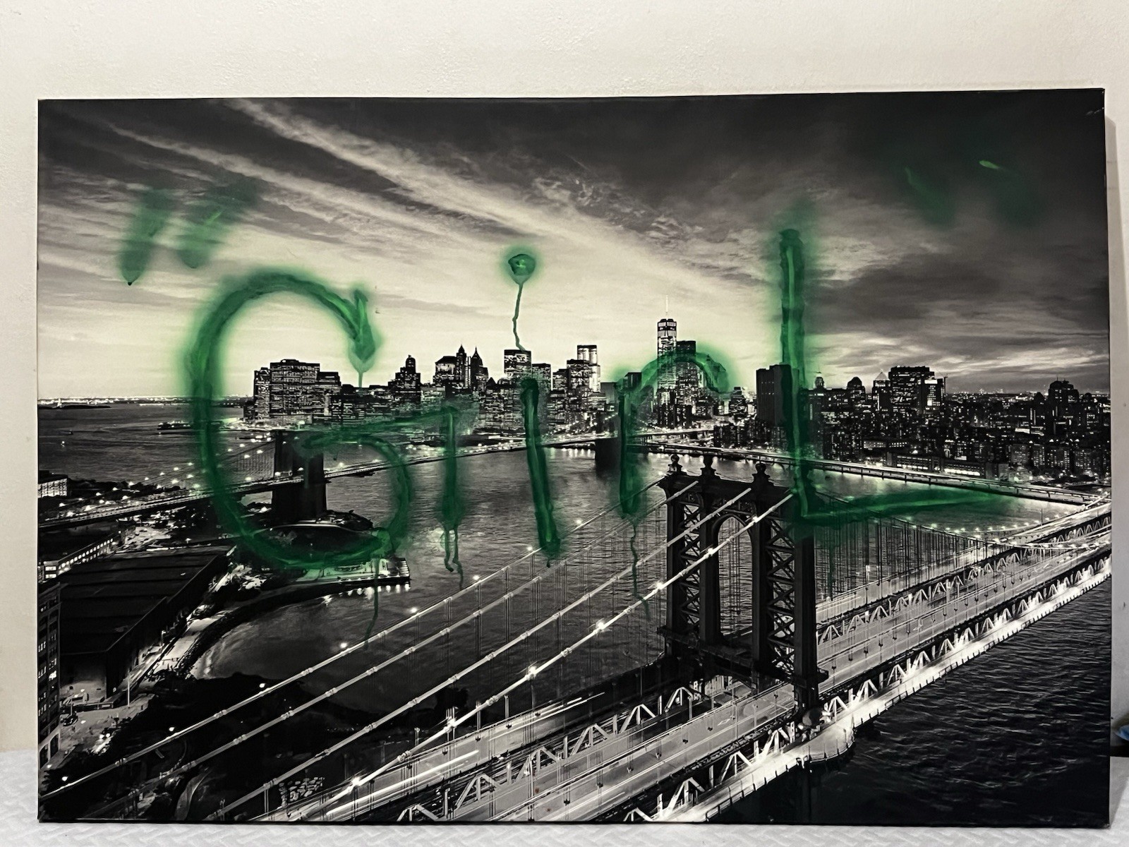 New York City Skyline Bridge Black & White Print with Green Graffiti Horizontal