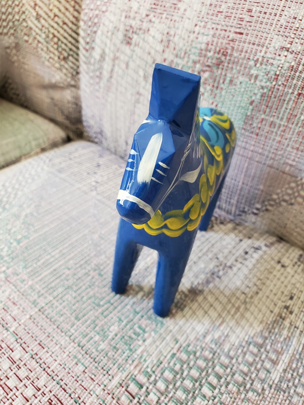 Swedish dala horse 6 inches vintage wooden blue yellow and white Sweden