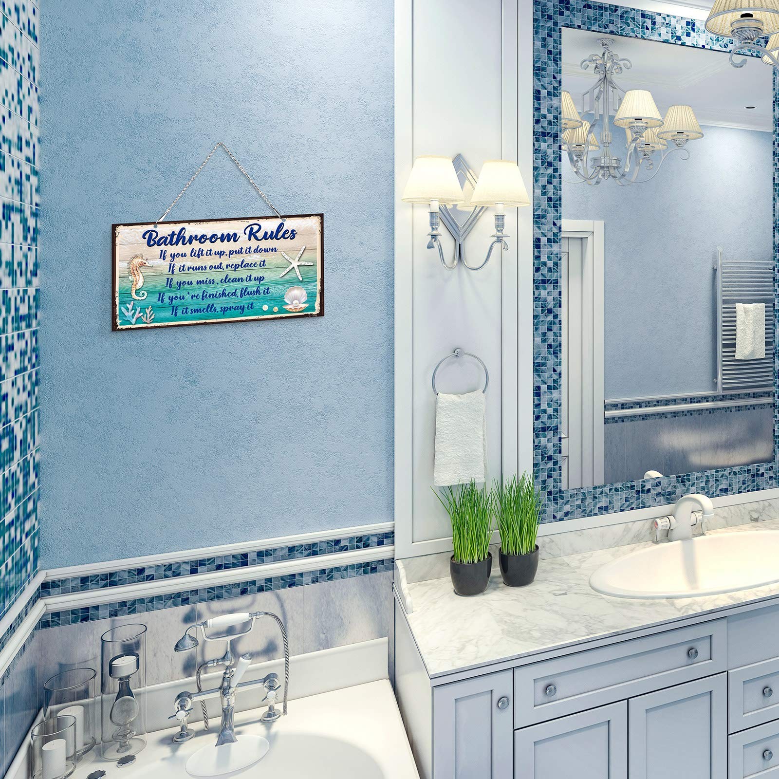 Seashell Bathroom Rules Decor Signs Wall Ocean 12 x 6 Inches, Blue and White