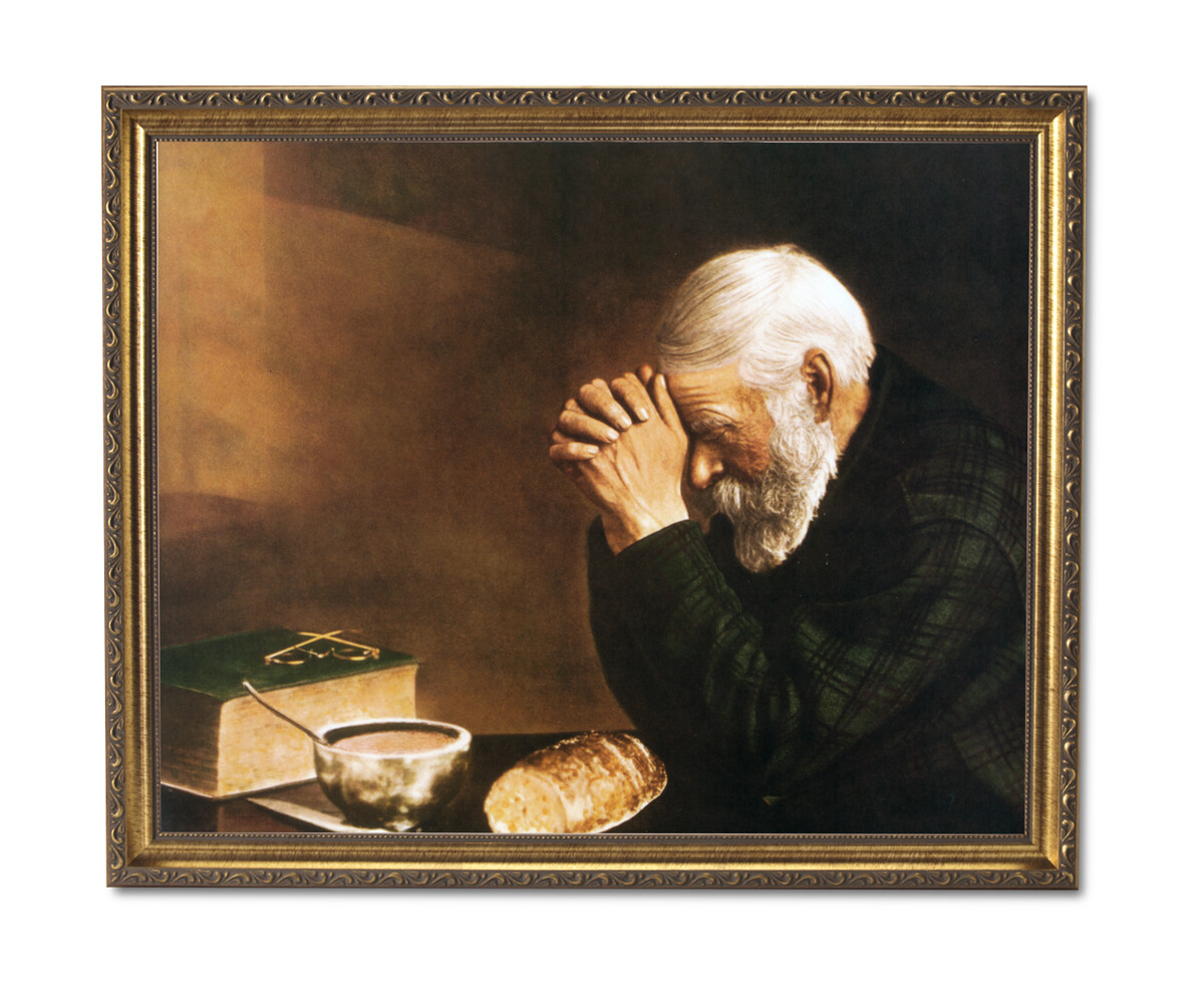 Daily Bread Man Prays Table Grace Religious Picture Gold Frame Art Print 16×20