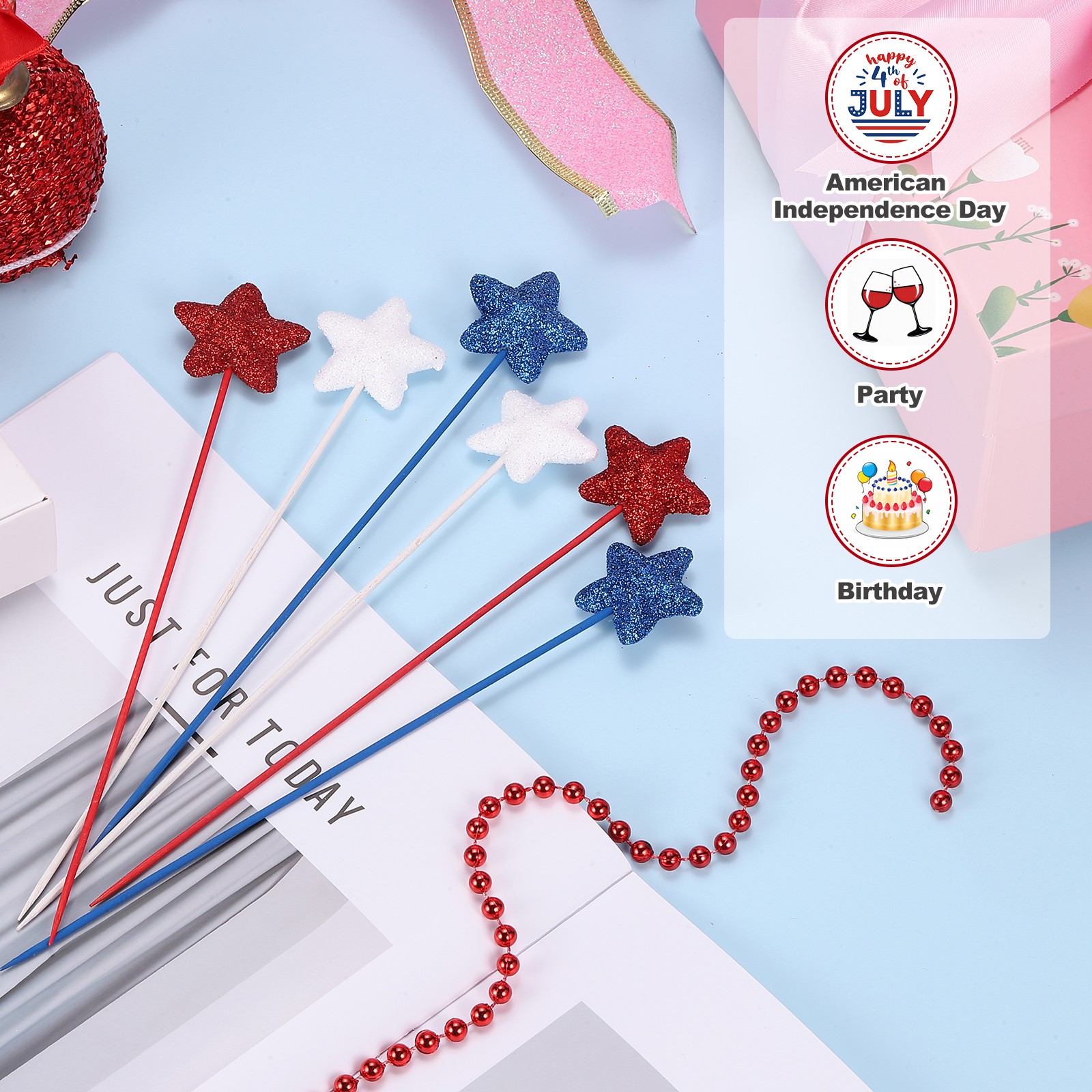 12 Pcs 4th of July Glitter Star Picks 8″ Sparkly Sticks (Red/Navy Blue/White)