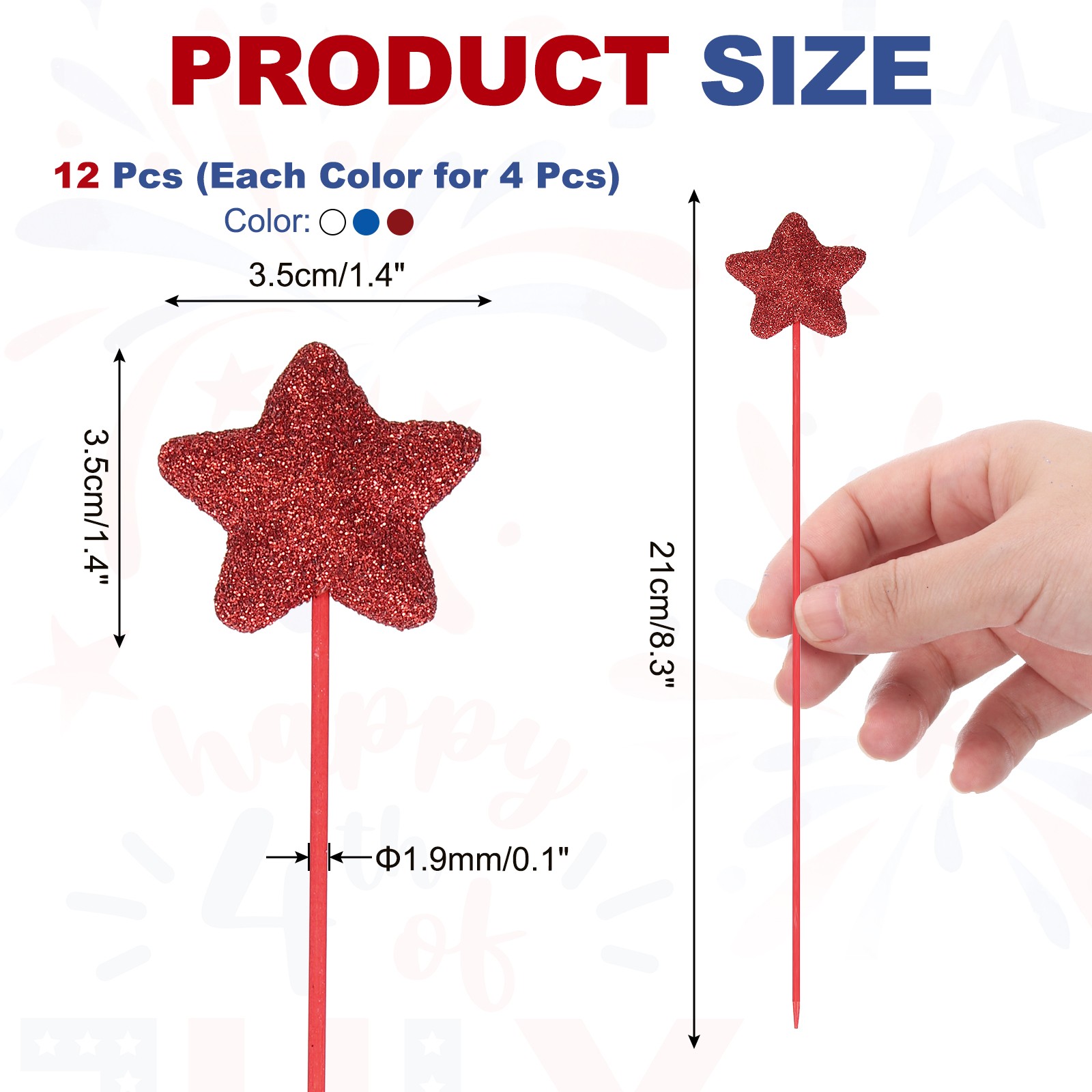 12 Pcs 4th of July Glitter Star Picks 8″ Sparkly Sticks (Red/Navy Blue/White)