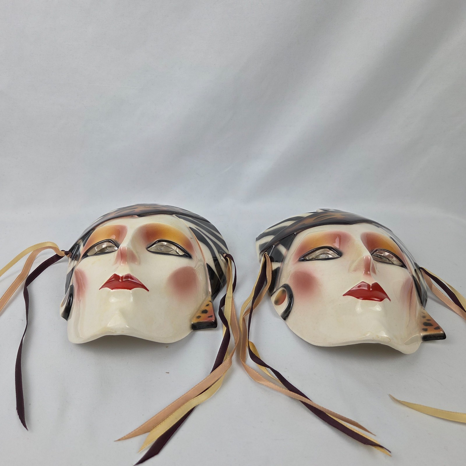 Two VTG 1987 About Face Clay Art San Francisco Ceramic Wall Masks Hand Painted