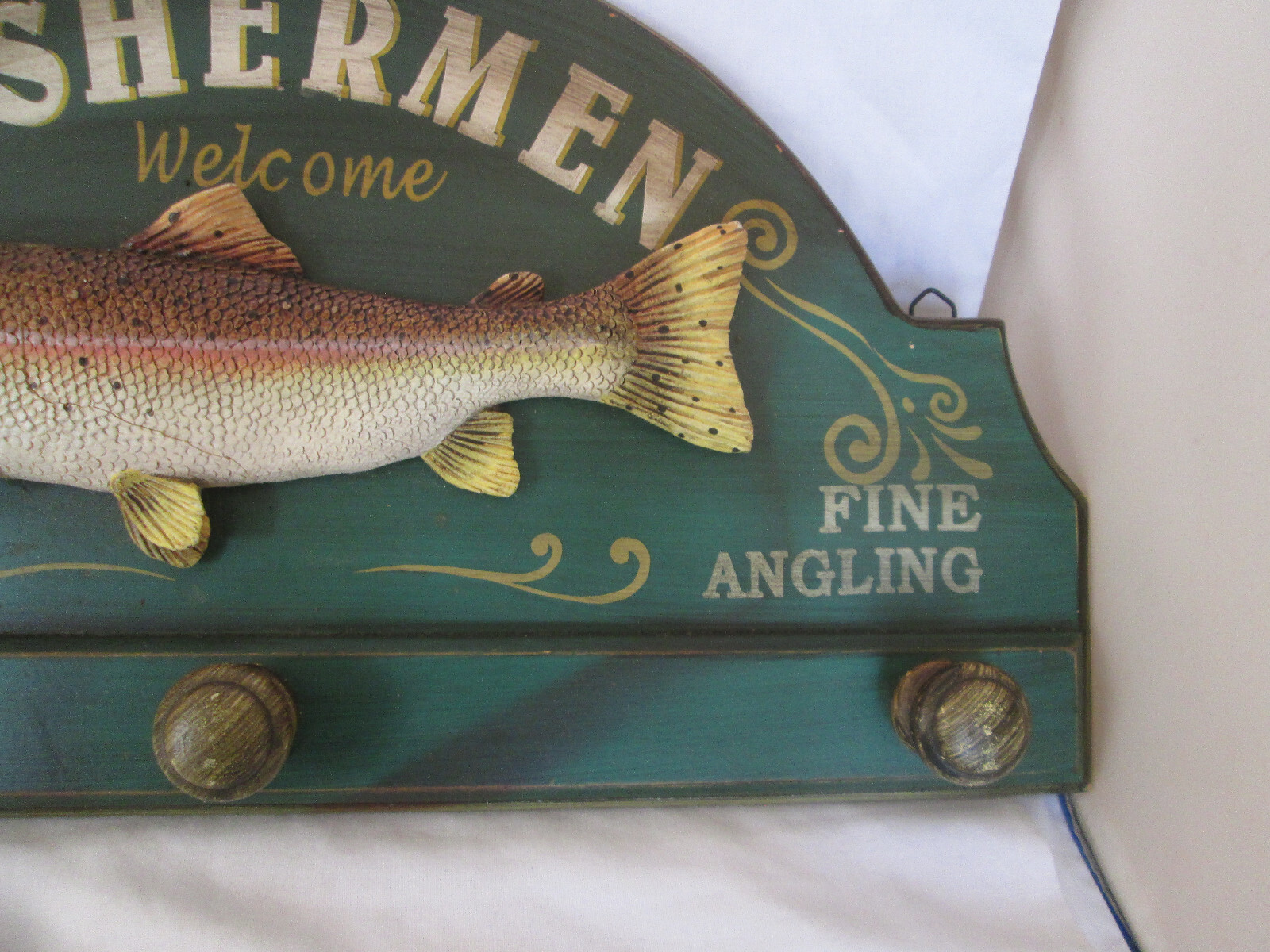Fishermen Welcome Wood Sign With Hat & Coat Hooks 20″ X 10″ 3-D Rainbow Trout