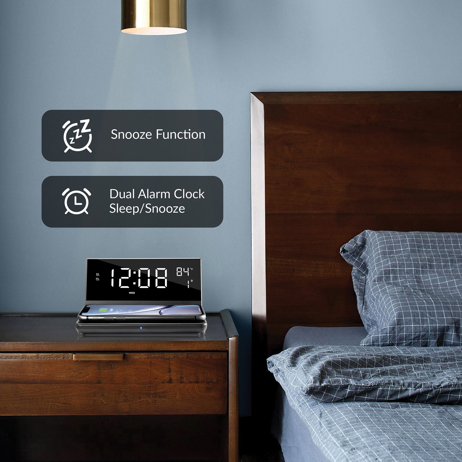 SUPERSONIC SC-6025QI Dual Alarm Clock with 2-in-1 Wireless Charging