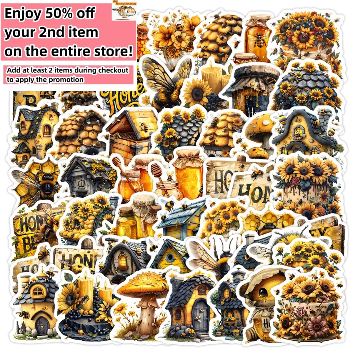 50pcs Waterproof Vinyl Stickers Honey Bumble Bee Luggage Phone Car Water Bottle