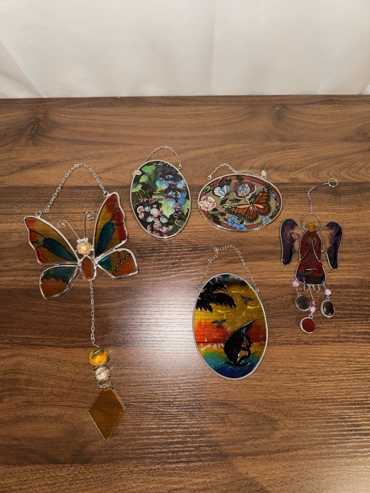 Beautiful Stained Glass Suncatcher Lot – 5 Pieces, Butterfly, Fruit, & More