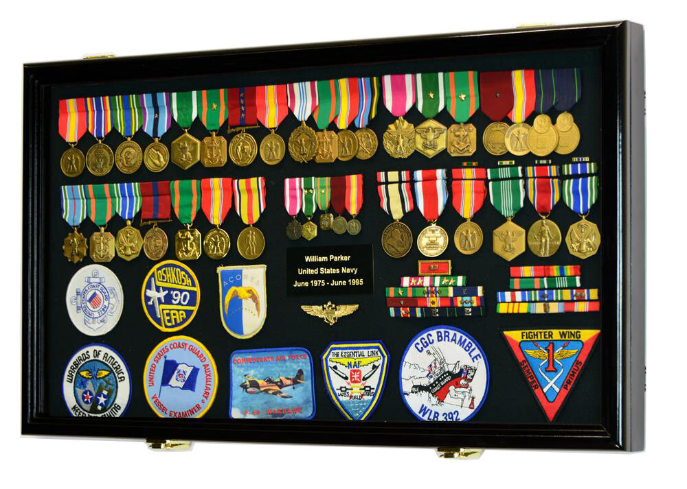 Large Military Medals Flag Pins Ribbons Patches Display Case Cabinet Shadow Box