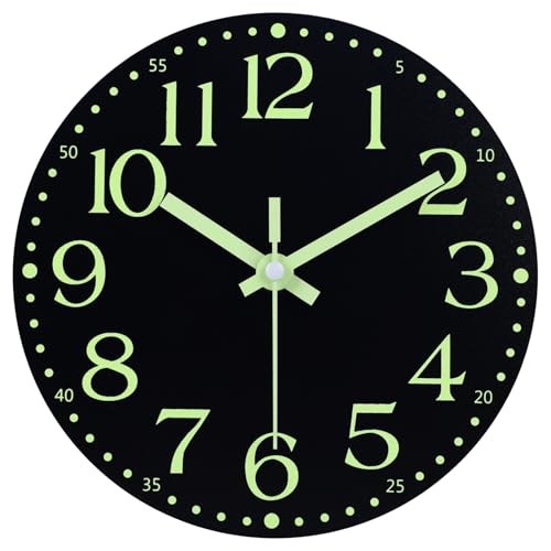 Wooden Glow in The Dark Clock, 8 inch Silent Non-Ticking Battery 8 INCH Black