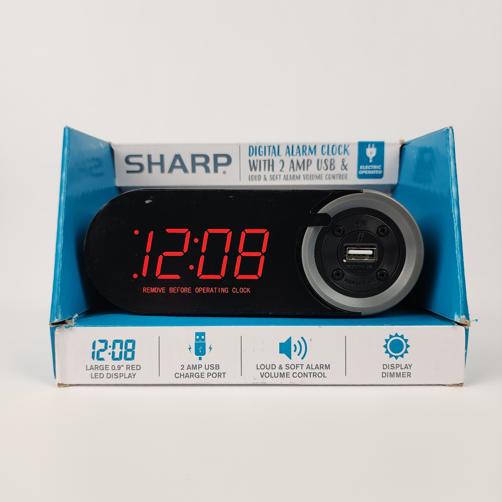 Sharp SPC547 Digital Alarm Clock w/ 2A USB Charger, Red LED, Dimmer, Snooze