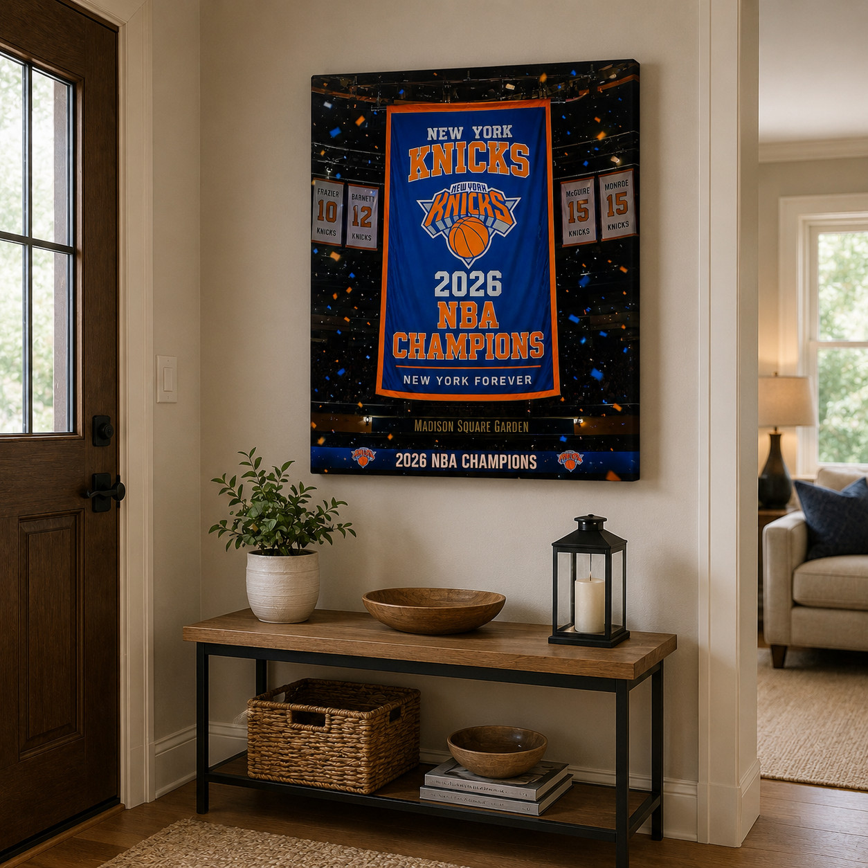 2026 New York Basketball Champions Inspired Canvas Wall Art Blue Orange Fan Deco
