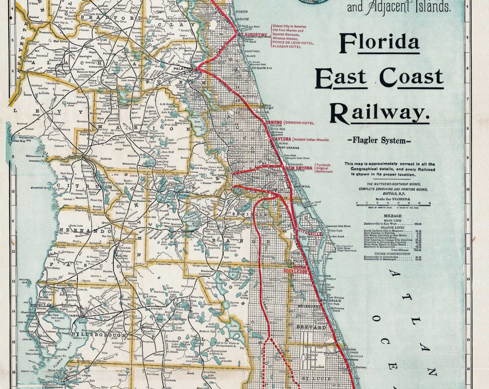 1914 Florida East Coast Railway Railroad Map Peninsular Wall Art Poster Print