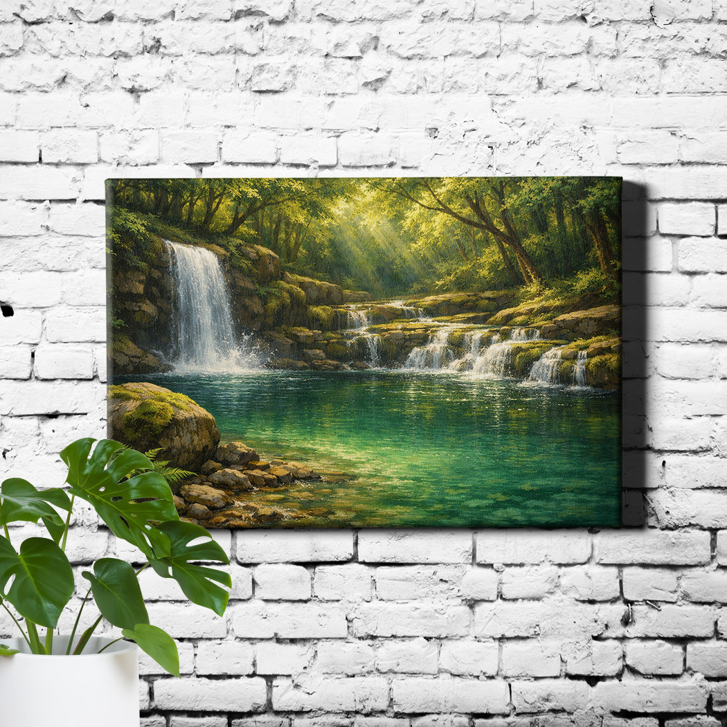 Landscape Waterfall Green Tree Forest Canvas Art Poster Print
