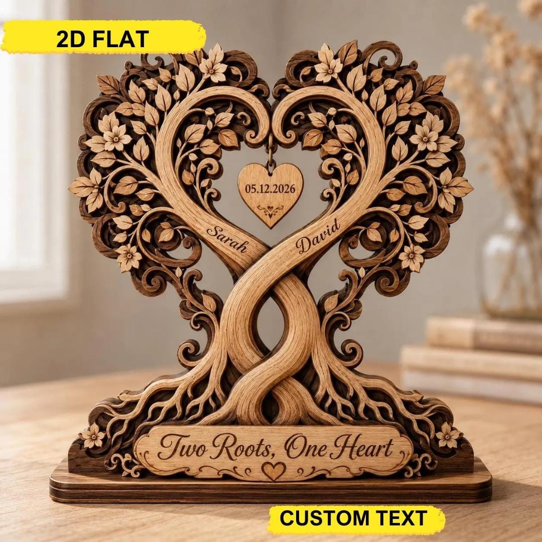 Personalized Couple Heart Tree Wooden Block, Custom Anniversary Keepsake Decor