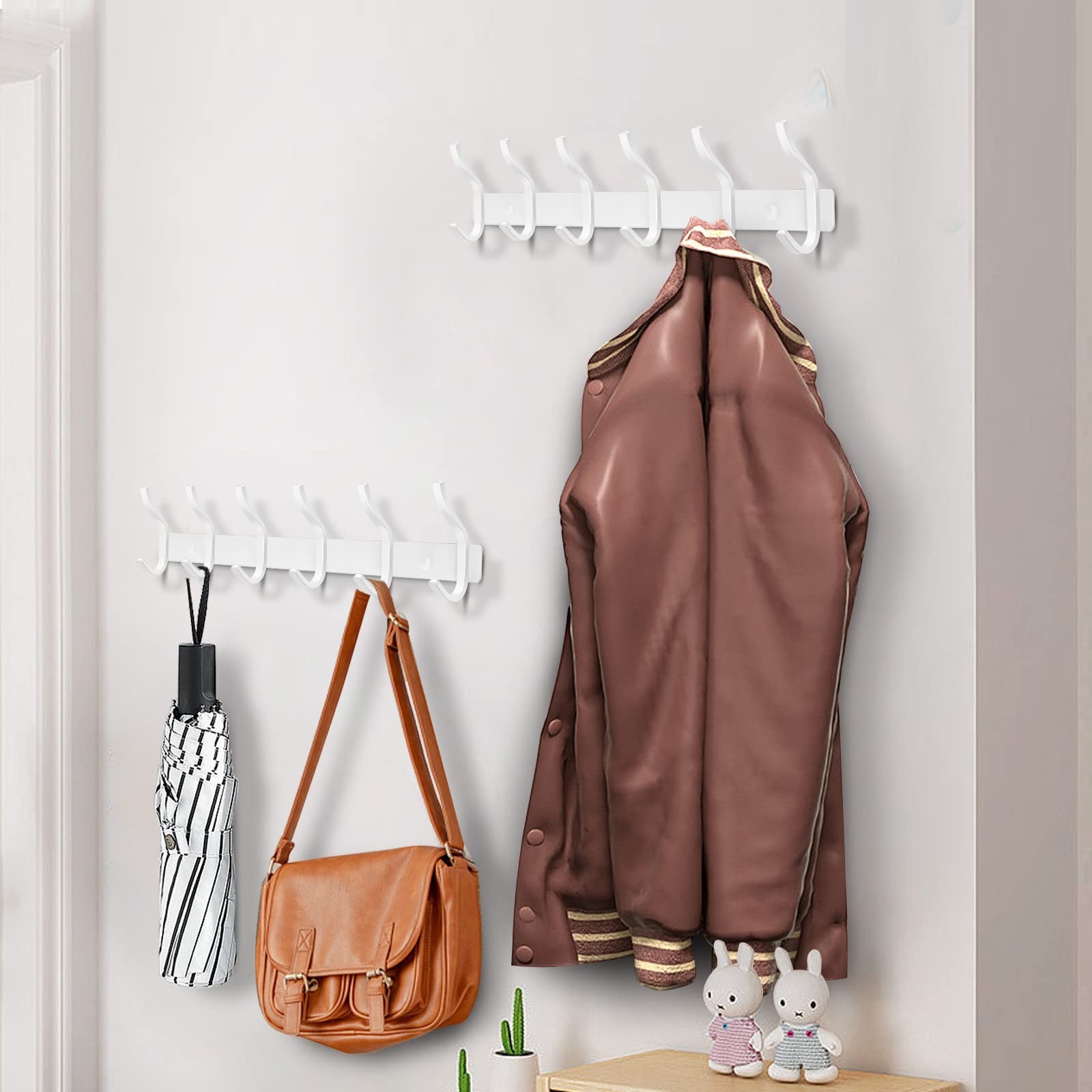 White Wall Hooks Heavy Duty, 17 Inch Coat Hooks Wall Mount with 6 Hooks, Wall…