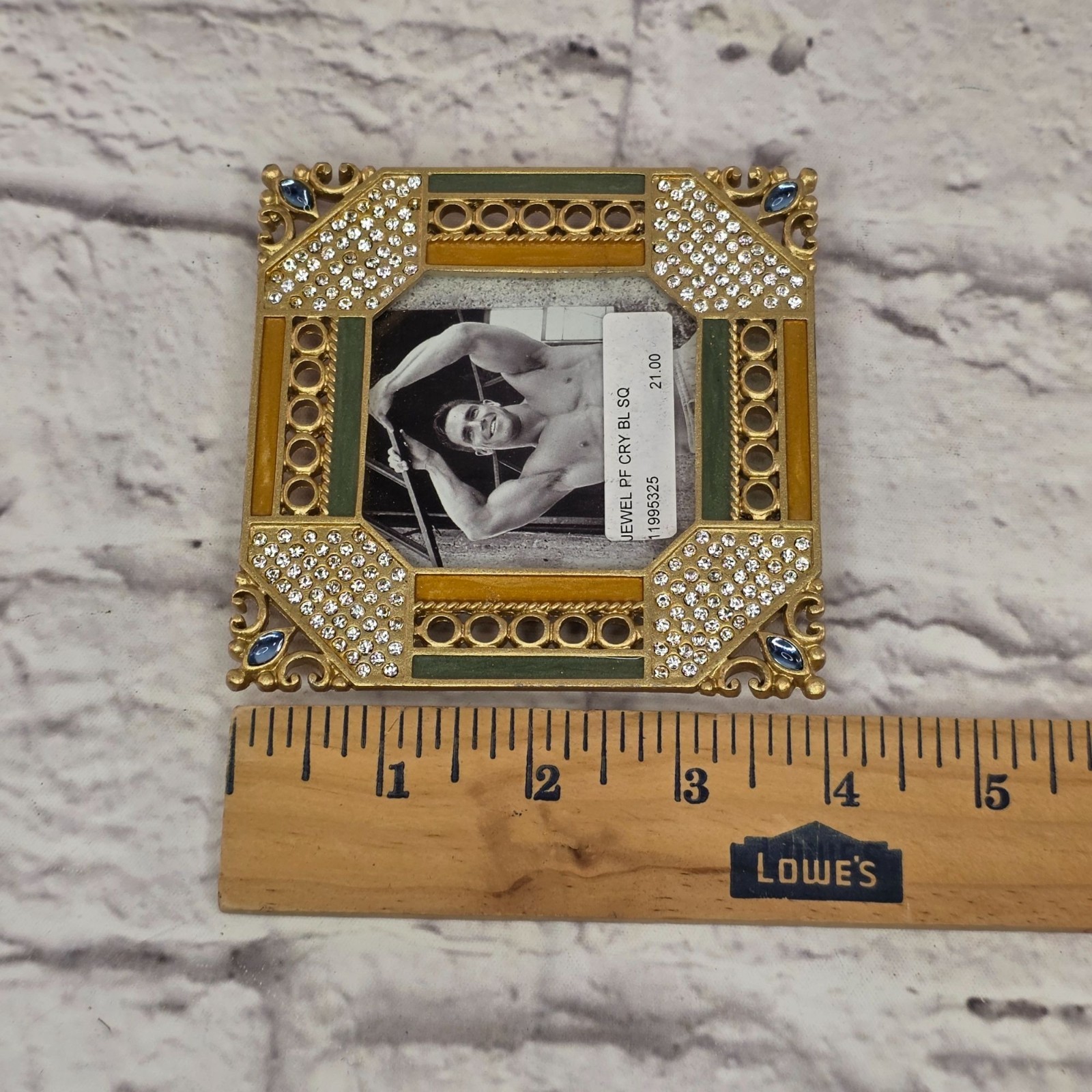 Vintage Rembrandtz Gold Jeweled Square Picture Frame 2.5 in Green Amber Accents