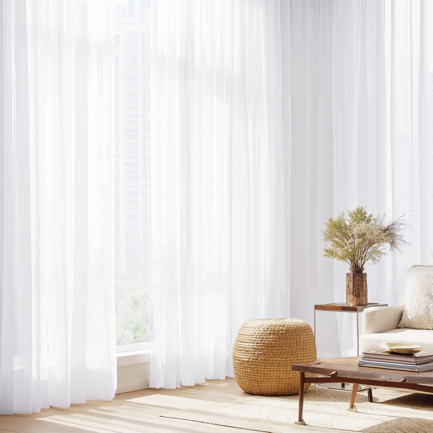 White Sheer Curtains 108 inches Long 4 Panels, 42 inch Wide Rod Pocket Light