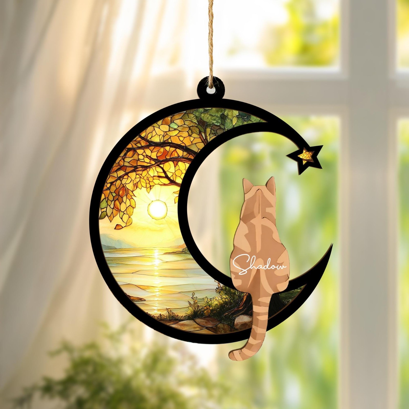 Custom Cat Memorial Suncatcher, Engraved Cat Lovers, Couple Cat On Moon Loss
