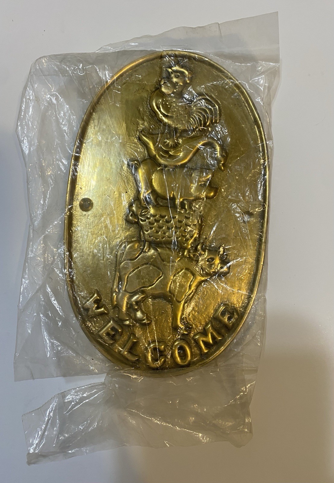 Brass Upper Deck Plaque 1980s 1990s Country Greetings Welcome farm House Animals