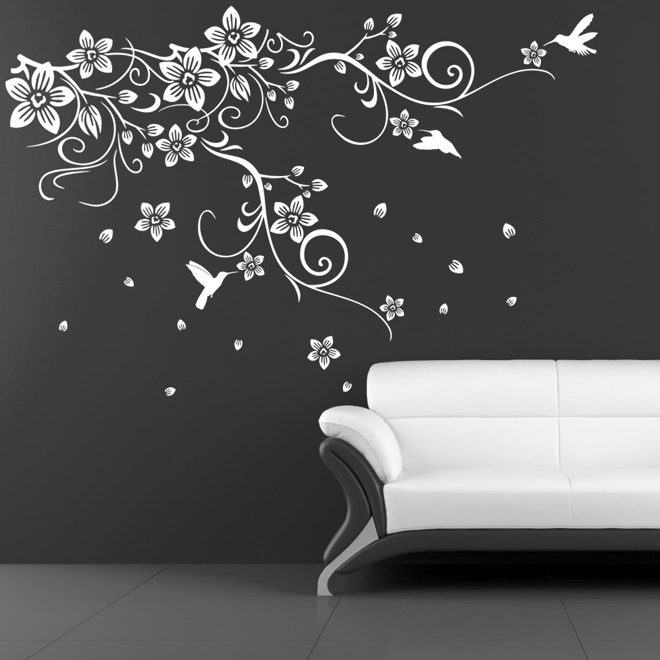 Vinyl Wall Art Sticker Decals for Home Decor Vine Flower Branc with Hummingbirds