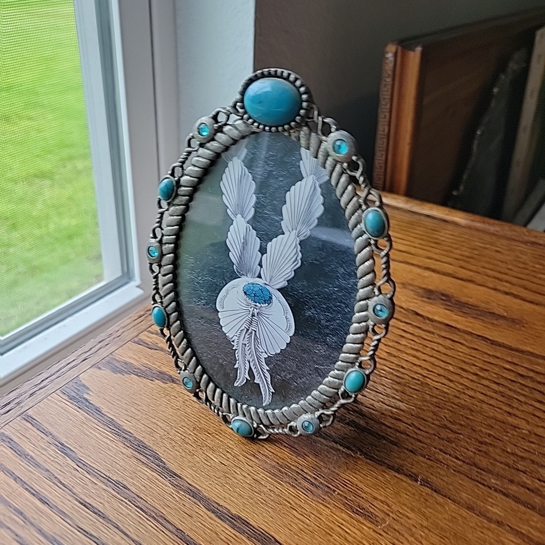 Photo Frame Silver Pewter Oval Faux Turquoise Open Work Standup Easel Rope SW