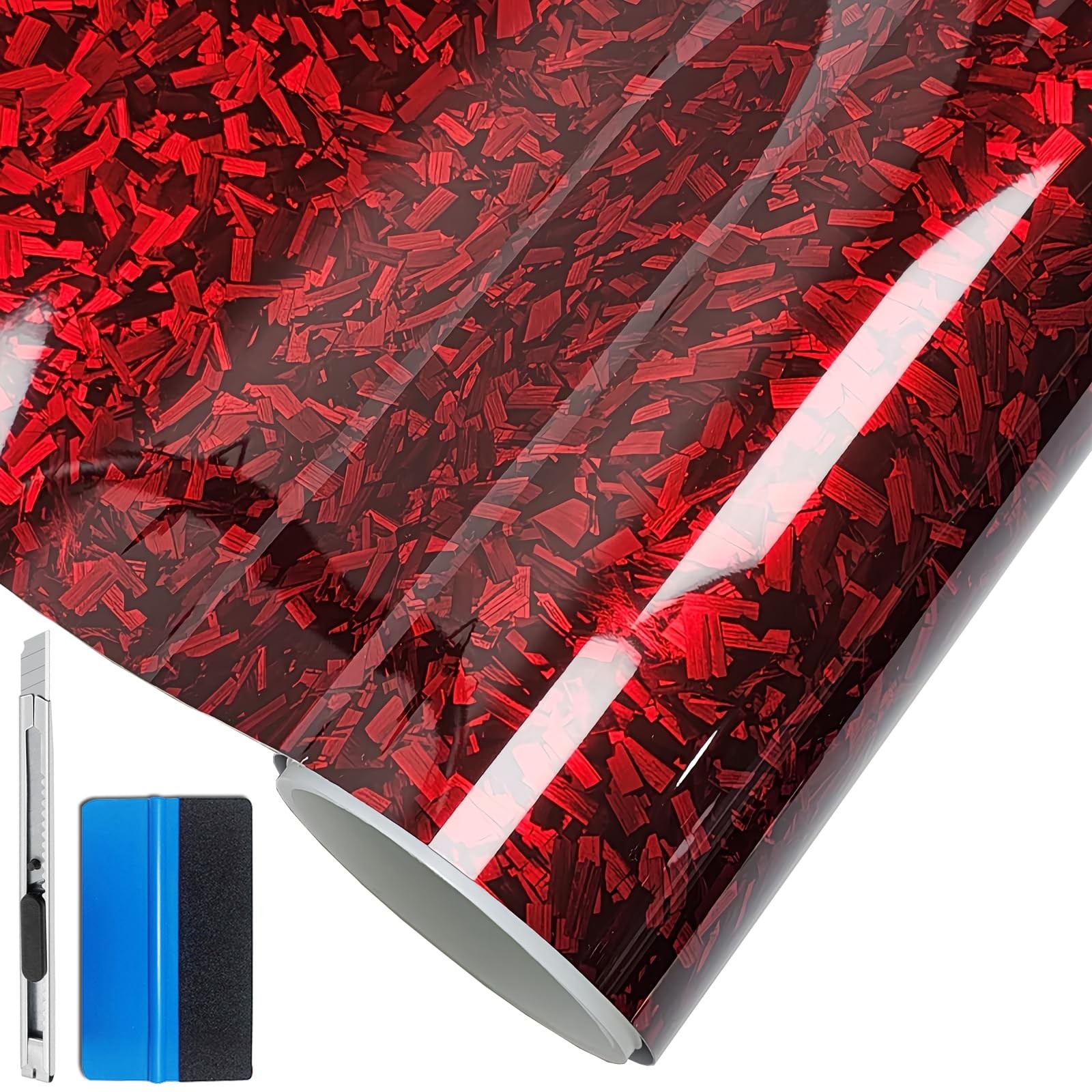 LZLRUN Forged Gloss Carbon Fiber Vinyl Wrap Roll Air Release 1ft x 5ft, Red