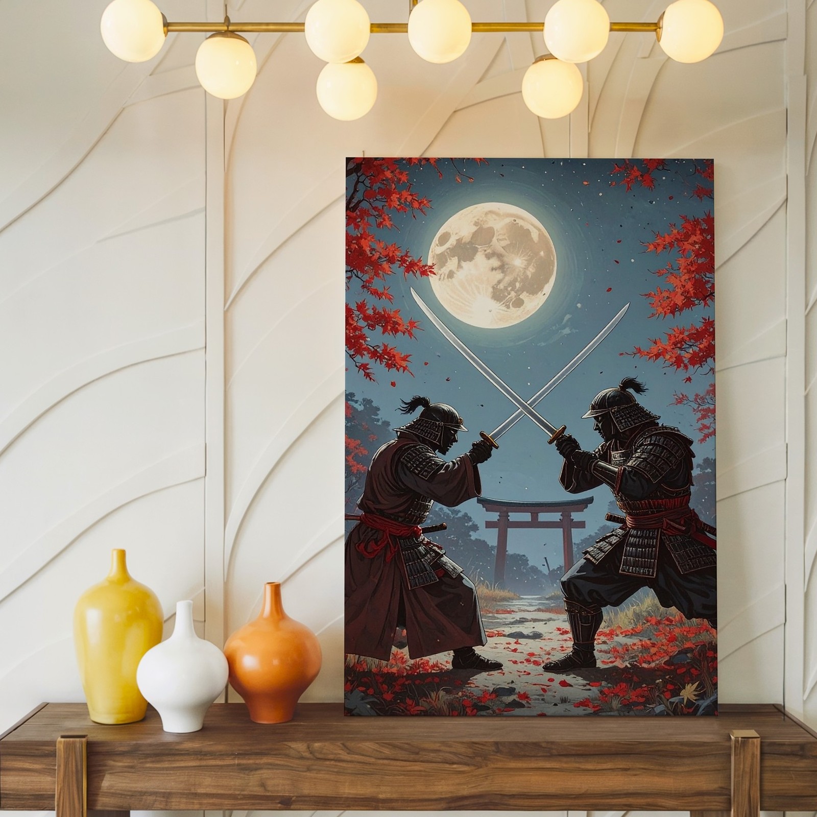 Wall Art Canvas Two Samurai Warriors Face Each Other Under a Glowing Full Moon