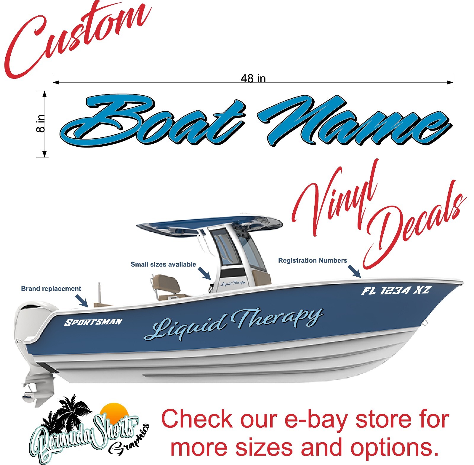 Boat Name Decal 8×48″ / Custom Hull Graphic / Premium Marine Vinyl Lettering 2CL
