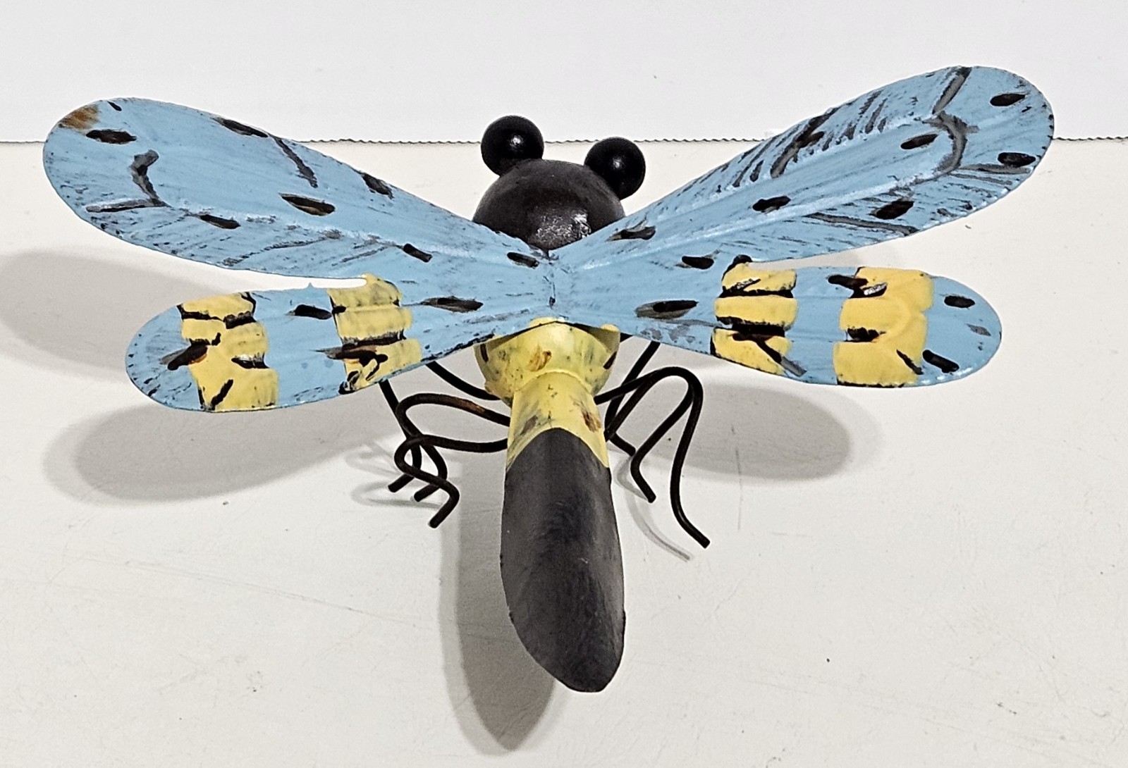 Metal Dragonfly Sculpture Hand-Painted Blue Yellow Brown Decor Wings – 6 Inches